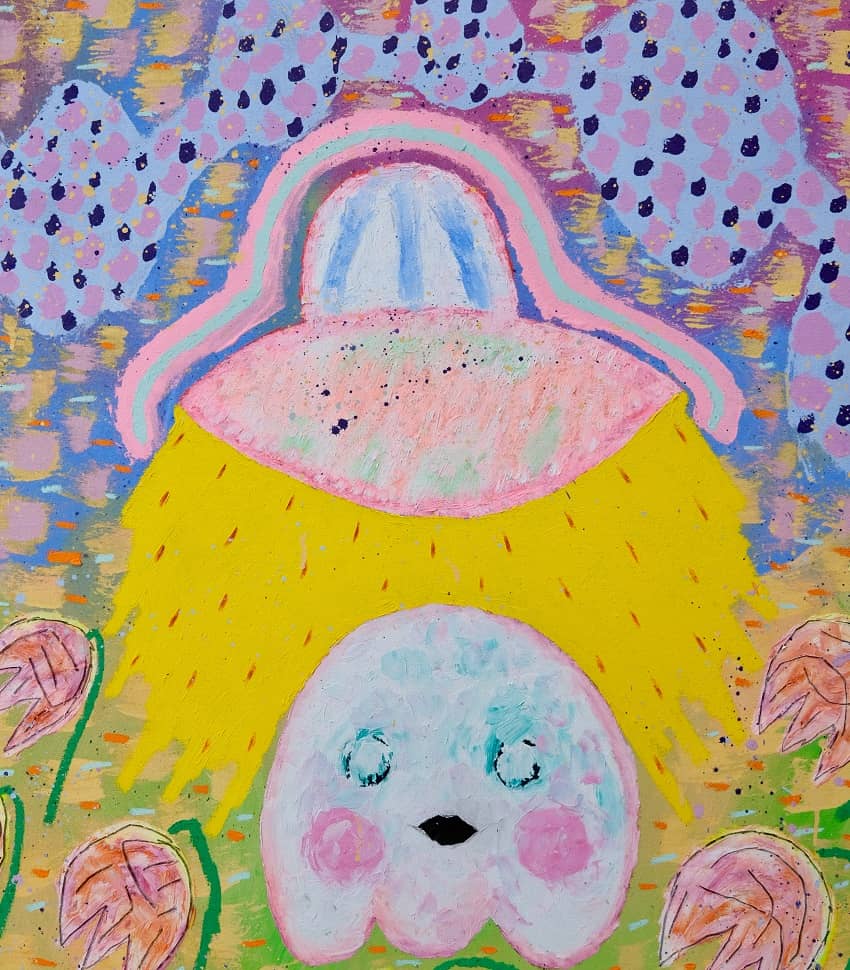 Adam Handler Little Yellow Heart Ghost, Ölkreide auf Canvas, signiert, Unikat