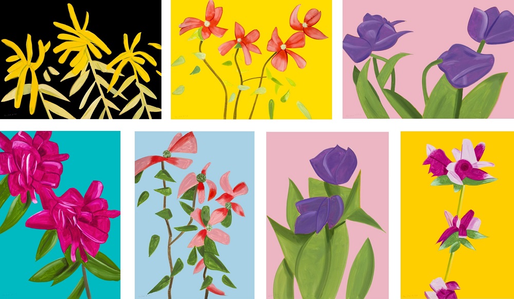Alex Katz The Flowers Portfolio. Red Dogwood, Purple Tulips, Peonies, Goldenrod and Azaleas on Yellow.