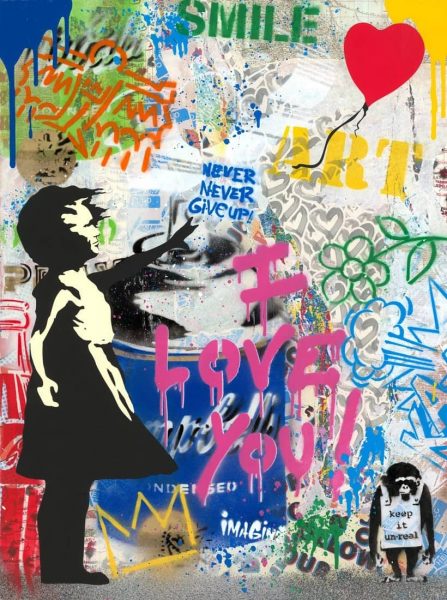 Ein Mr. Brainwash Gemälde mit Graffiti, einem kleinen Mädchen und einem roten herzförmigen Ballon, das eine lebendige und verspielte Atmosphäre vermittelt.