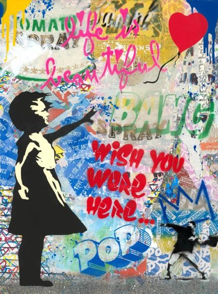 Ein Mr. Brainwash Gemälde mit Graffiti, einem kleinen Mädchen und einem roten herzförmigen Ballon, das eine lebendige und verspielte Atmosphäre vermittelt.