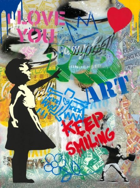 Ein Mr. Brainwash Gemälde mit Graffiti, einem kleinen Mädchen und einem roten herzförmigen Ballon, das eine lebendige und verspielte Atmosphäre vermittelt.