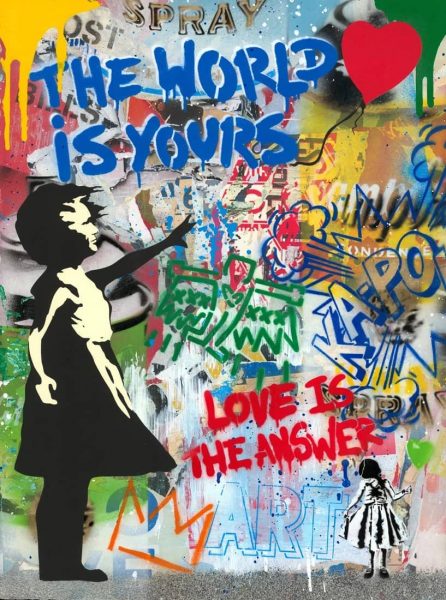 Ein Mr. Brainwash Gemälde mit Graffiti, einem kleinen Mädchen und einem roten herzförmigen Ballon, das eine lebendige und verspielte Atmosphäre vermittelt.