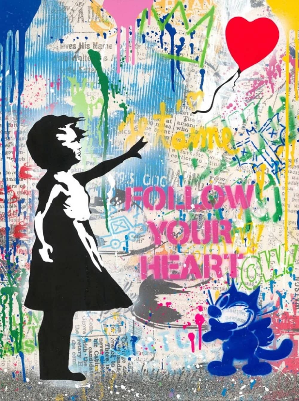 Balloon Girl Quadrant, Mixed Media, signiert, Unikat